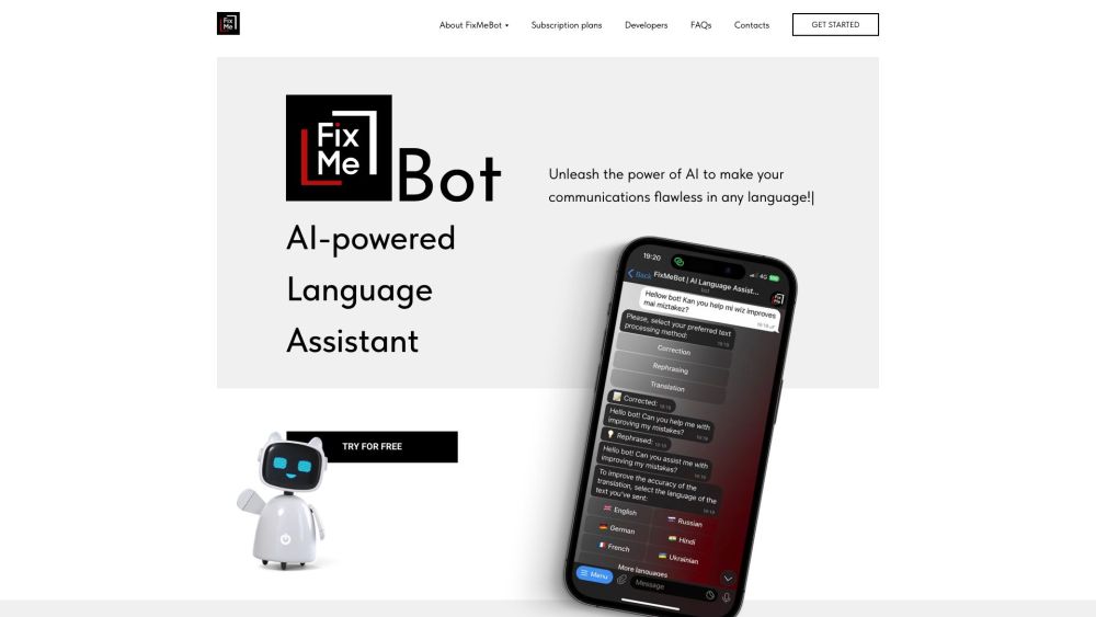 FixMeBot | AI-powered Language Assistant Website screenshot