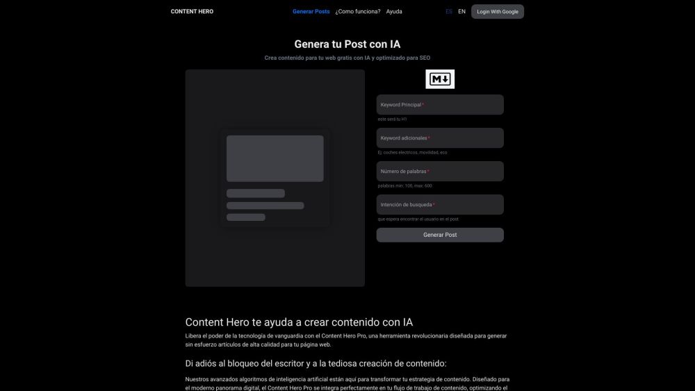 Content Hero | Generar Posts con IA: AI Tool