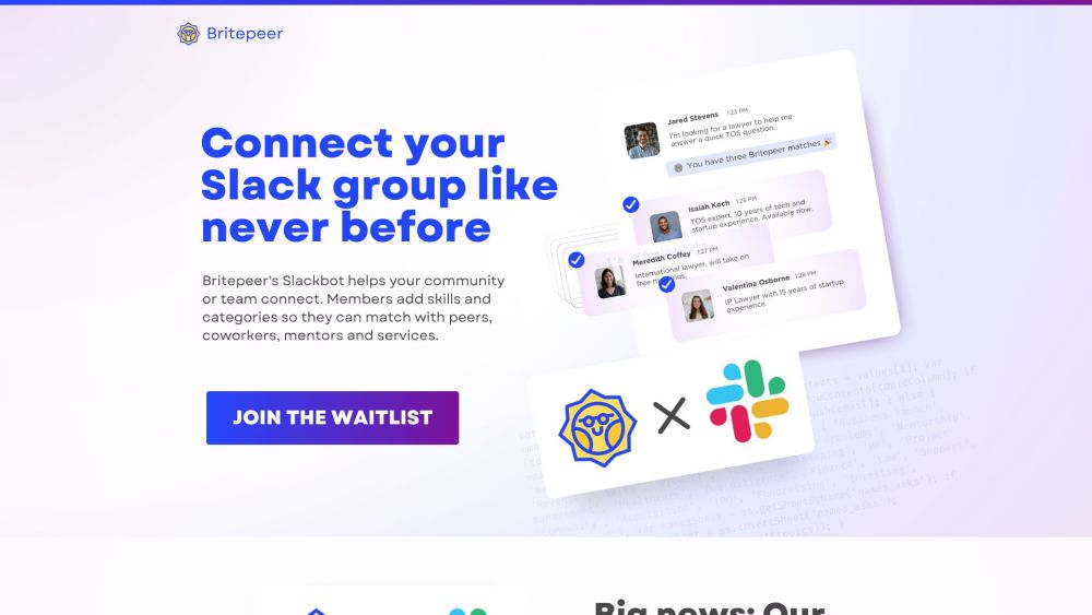 Britepeer: Connect members, match with peers, mentors, and services in Slack teams. AI knowledge sharing tool.