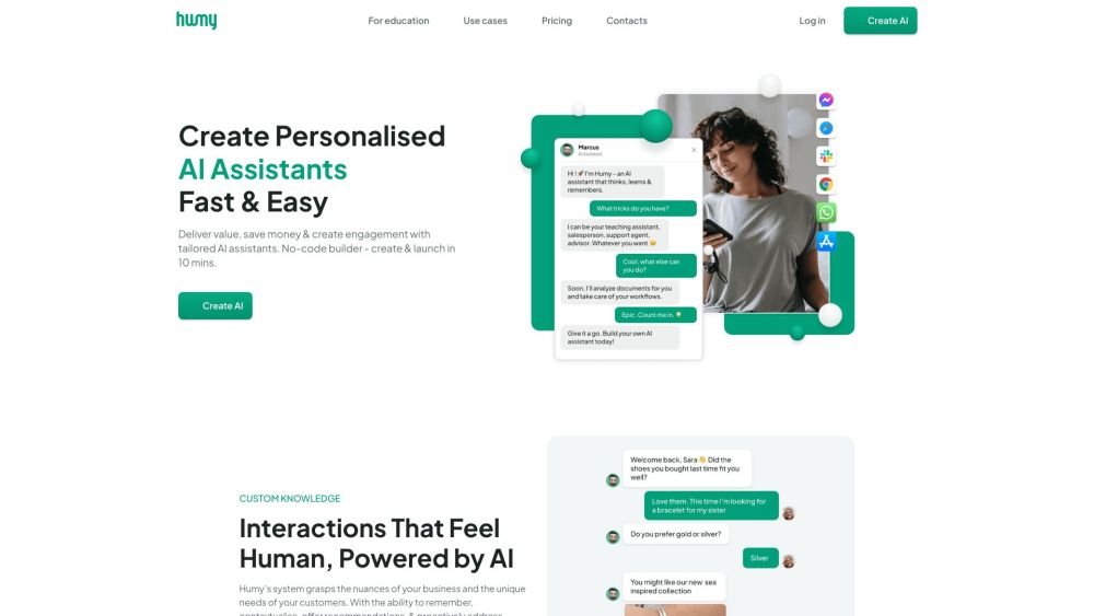 Humy.ai - Grow Your Business with AI Assistants Website screenshot