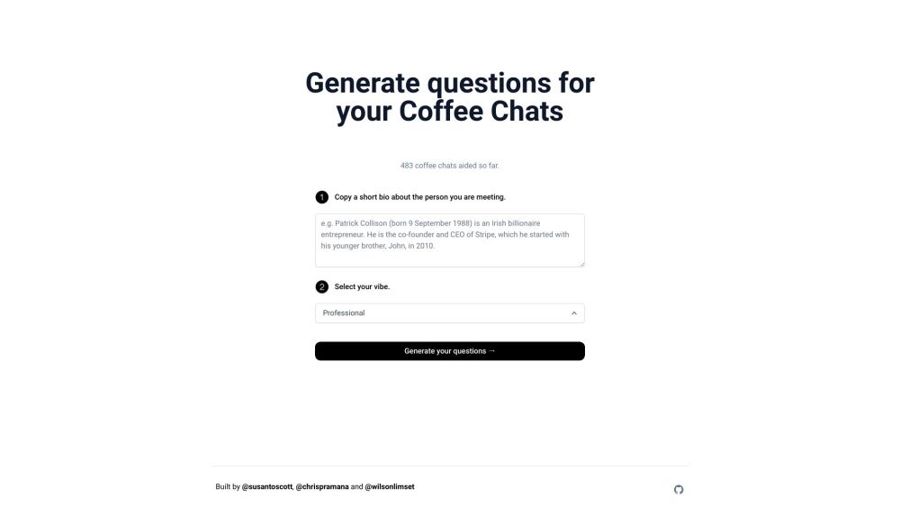 Podcast and coffee chat question generator: AI tool for thoughtful coffee chat questions