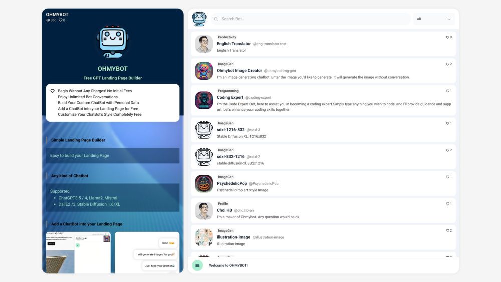 OHMYBOT: AI Tool for GPT Chatbots & Landing Pages