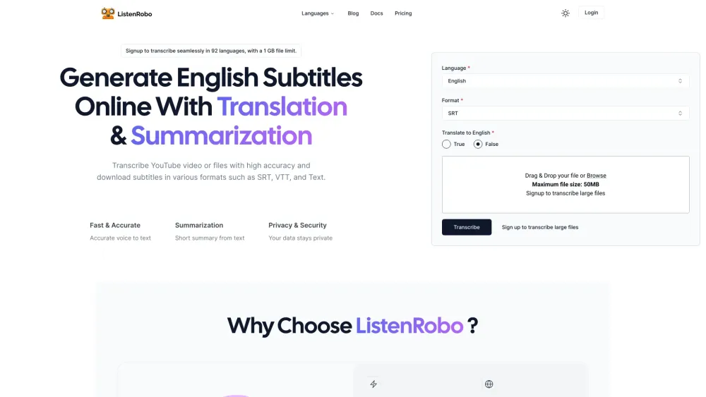 ListenRobo: AI Transcription Platform & Subtitles