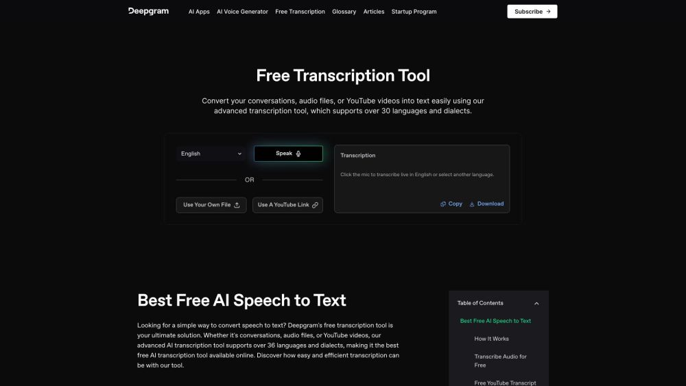 Free Transcription Tool Deepgram: AI Tool for Conversations, Audio & YouTube