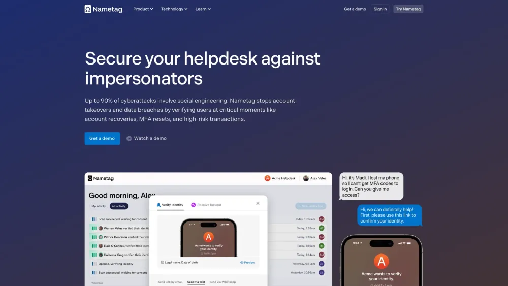 Nametag: ai tool Product Name Safe Login