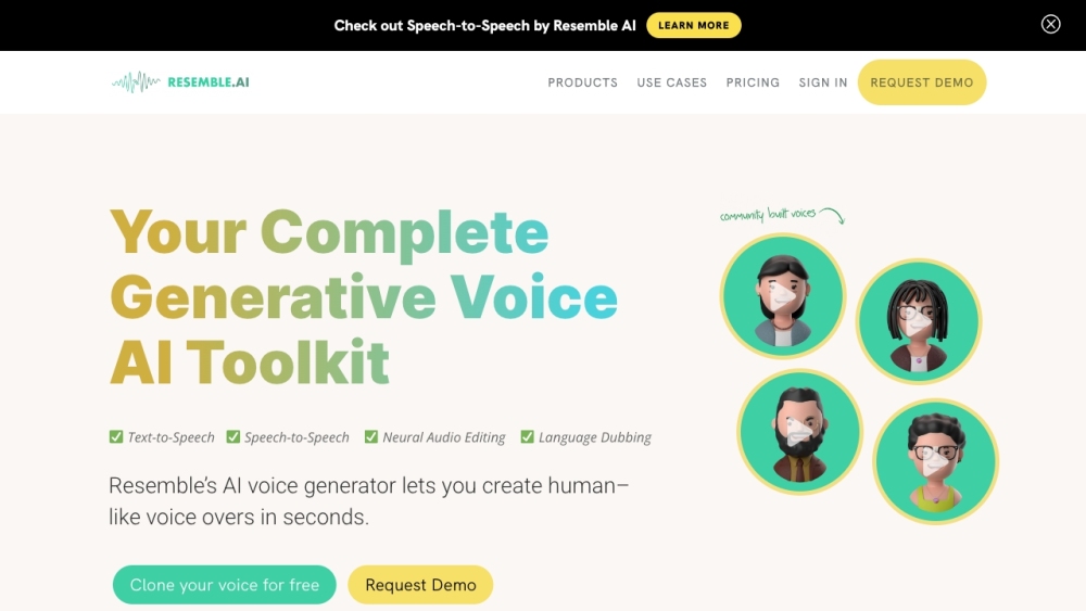 Resemble AI Voice Generator: Clone your voice and create synthetic voices with real-time speech-to-speech and text-to-speech capabilities.