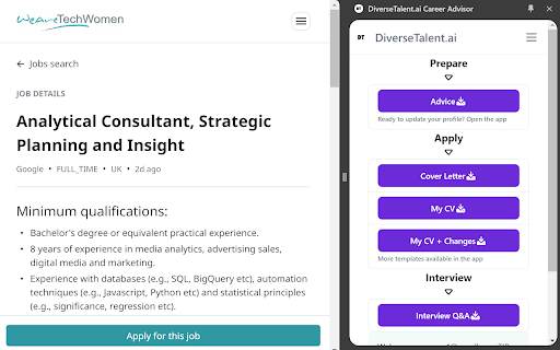 DiverseTalent - Chrome Extension: Job application platform with interview preparation