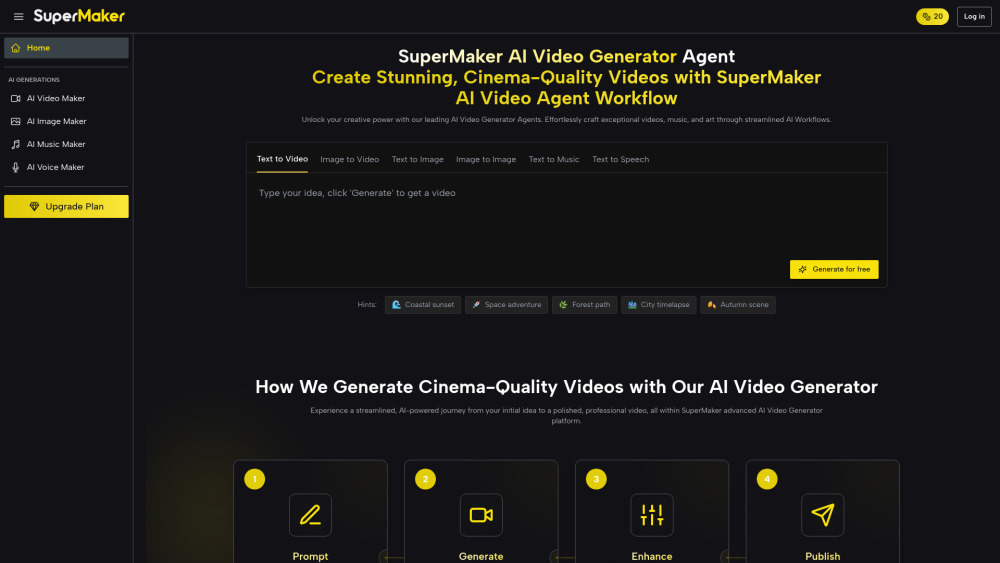 SuperMaker AI Video Generator Website screenshot