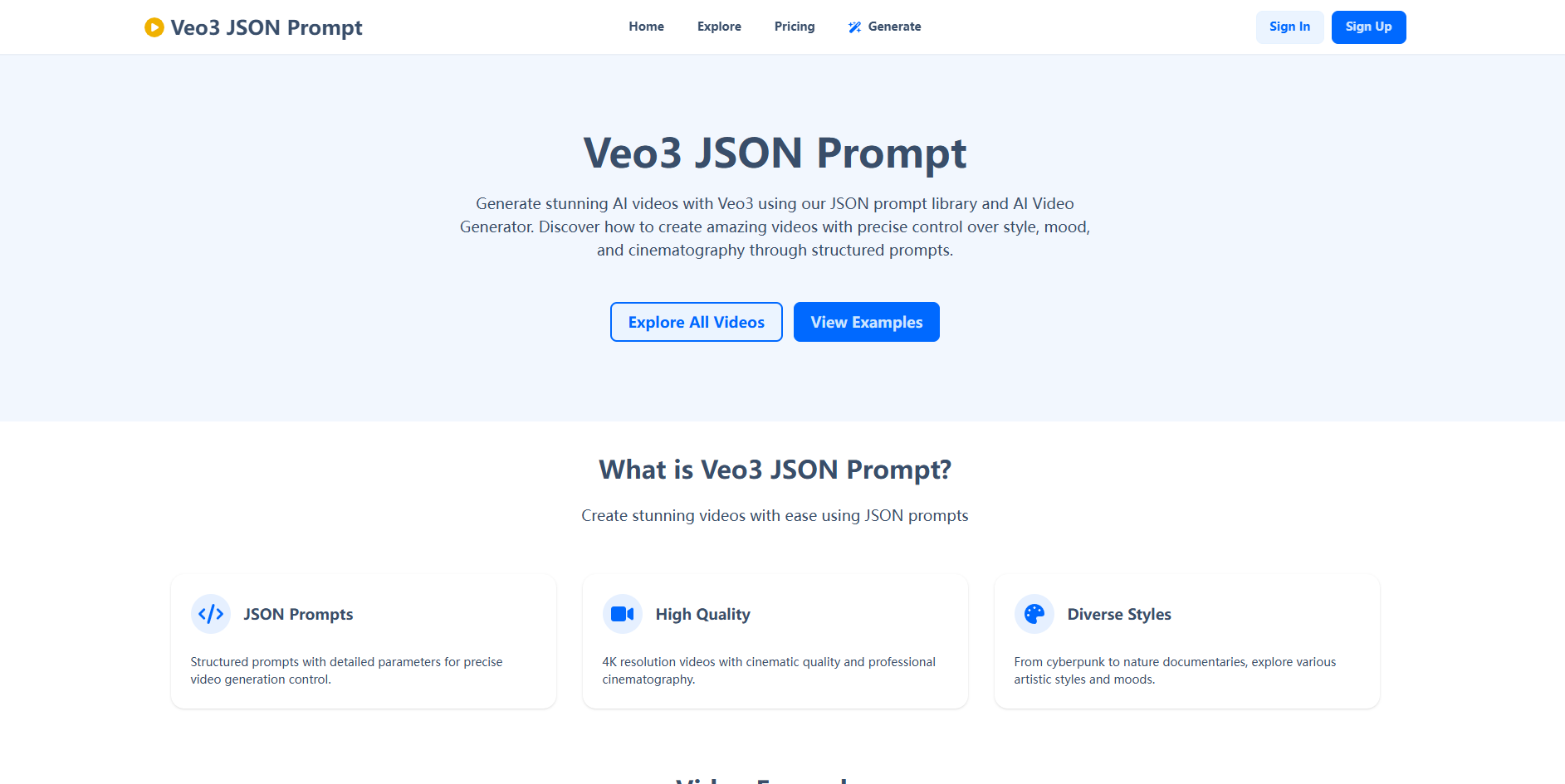 Veo3 JSON Prompt - AI Video Generator | 4K in Minutes: AI Tool for Cinematic 4K Videos
